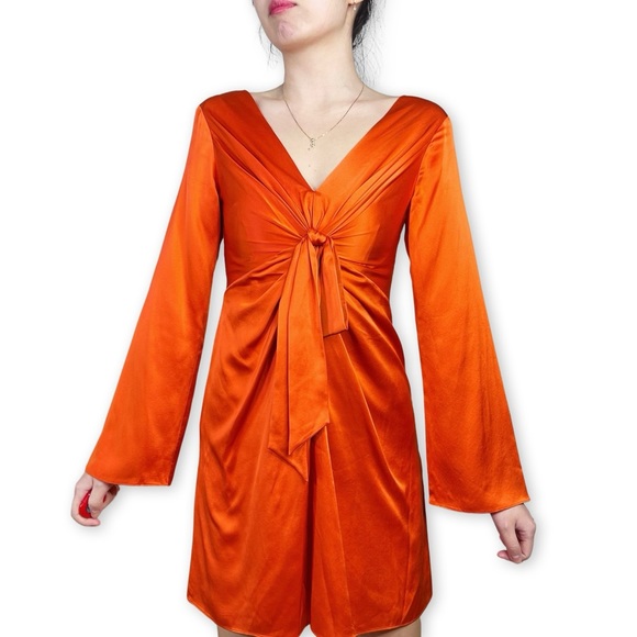 Cinq à Sept Caelan Knot Front Silk Dress in Tangerine Orange Size 00 - Picture 13 of 16